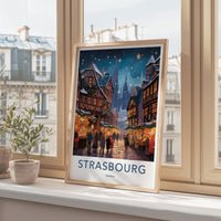 Strasbourg Wall Art - France Travel Poster with Scenic Winter Market