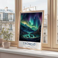 Tromsø Poster - Northern Lights Print with Reindeer & Mountain