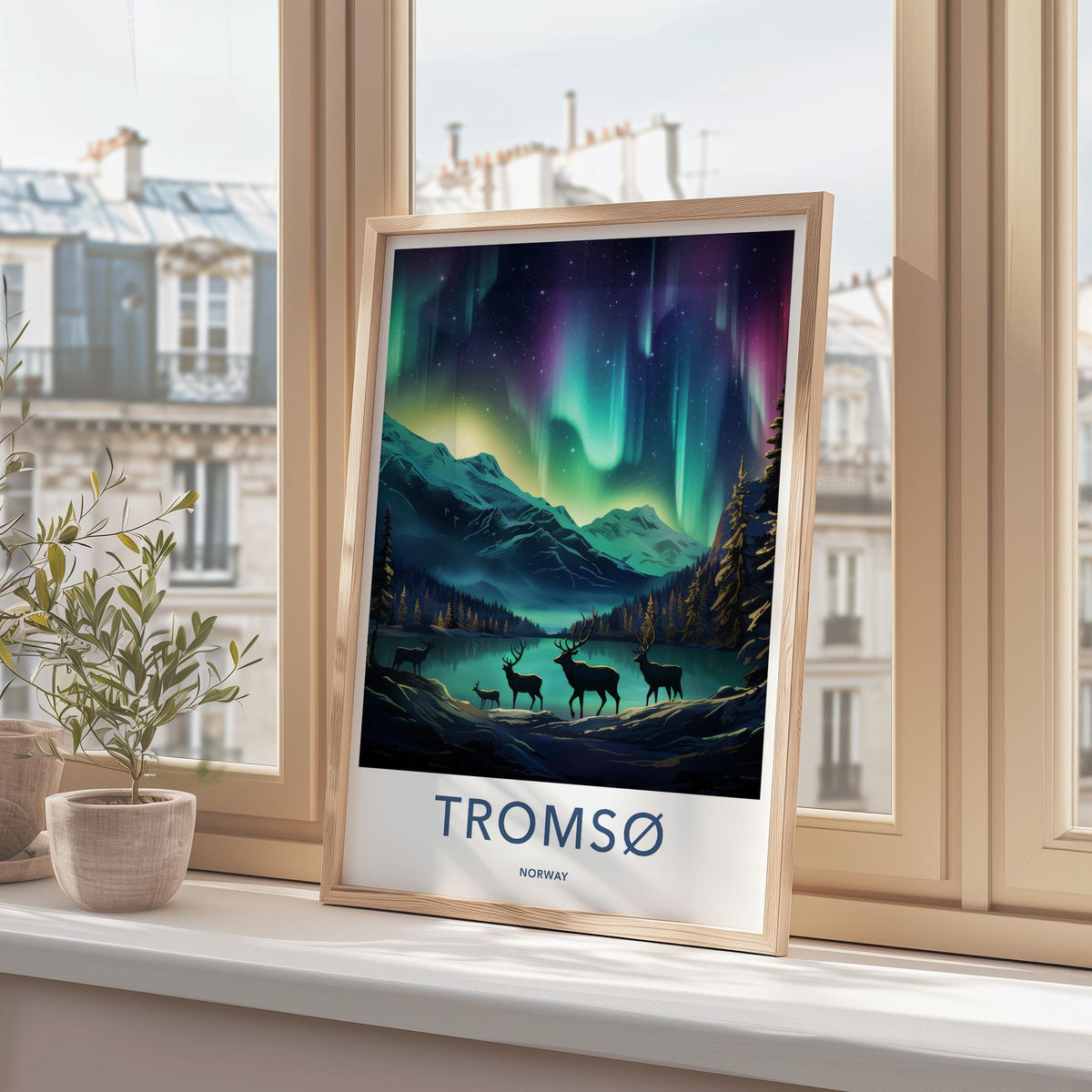 Tromsø Poster - Northern Lights Print with Reindeer & Mountain