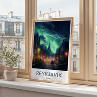Reykjavik Poster - Iceland Wall Art With Northern Lights Print