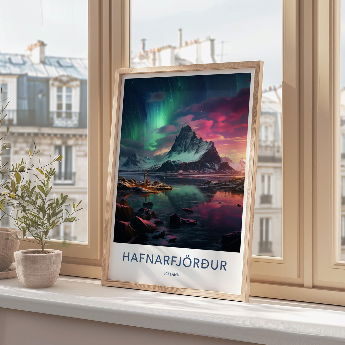 Hafnarfjörður Poster - Iceland Wall Art With Northern Lights & Scenic