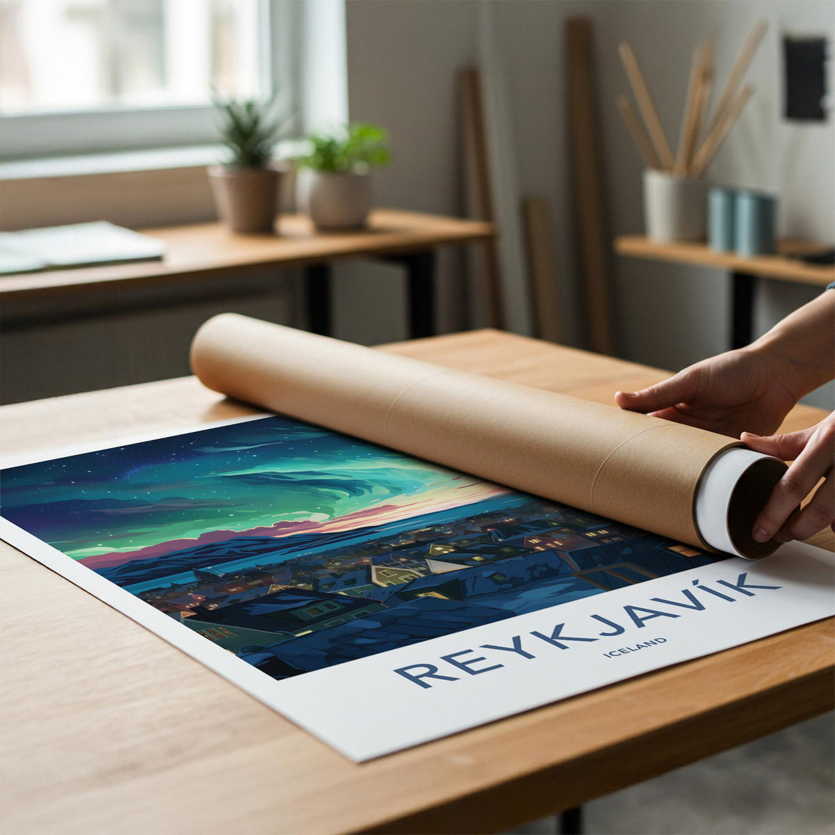 Reykjavik Poster - Iceland Wall Art With Aurora Borealis & Charming