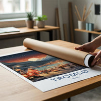 Tromsø Poster - Norway Wall Art With Northern Lights & Cozy Cabin