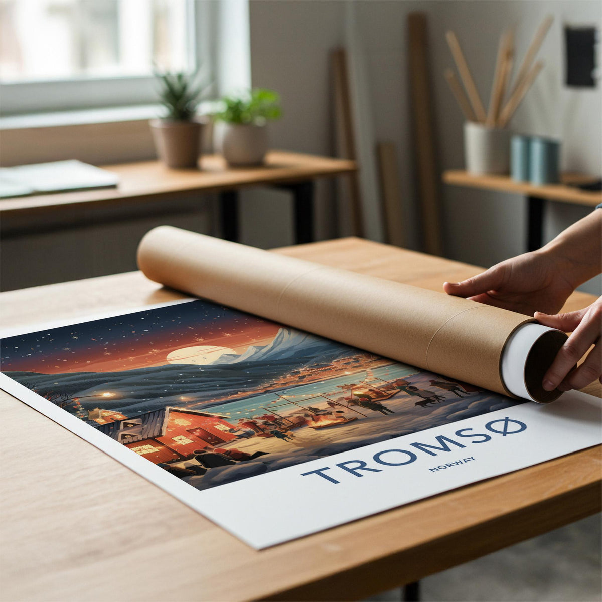 Tromsø Poster - Norway Wall Art With Northern Lights & Cozy Cabin
