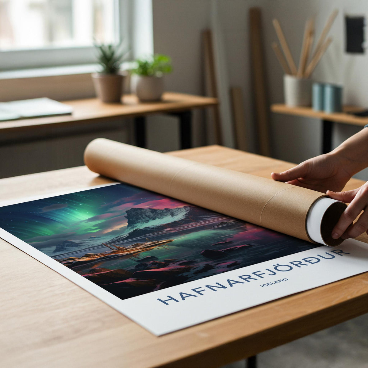Hafnarfjörður Poster - Iceland Wall Art With Northern Lights & Scenic