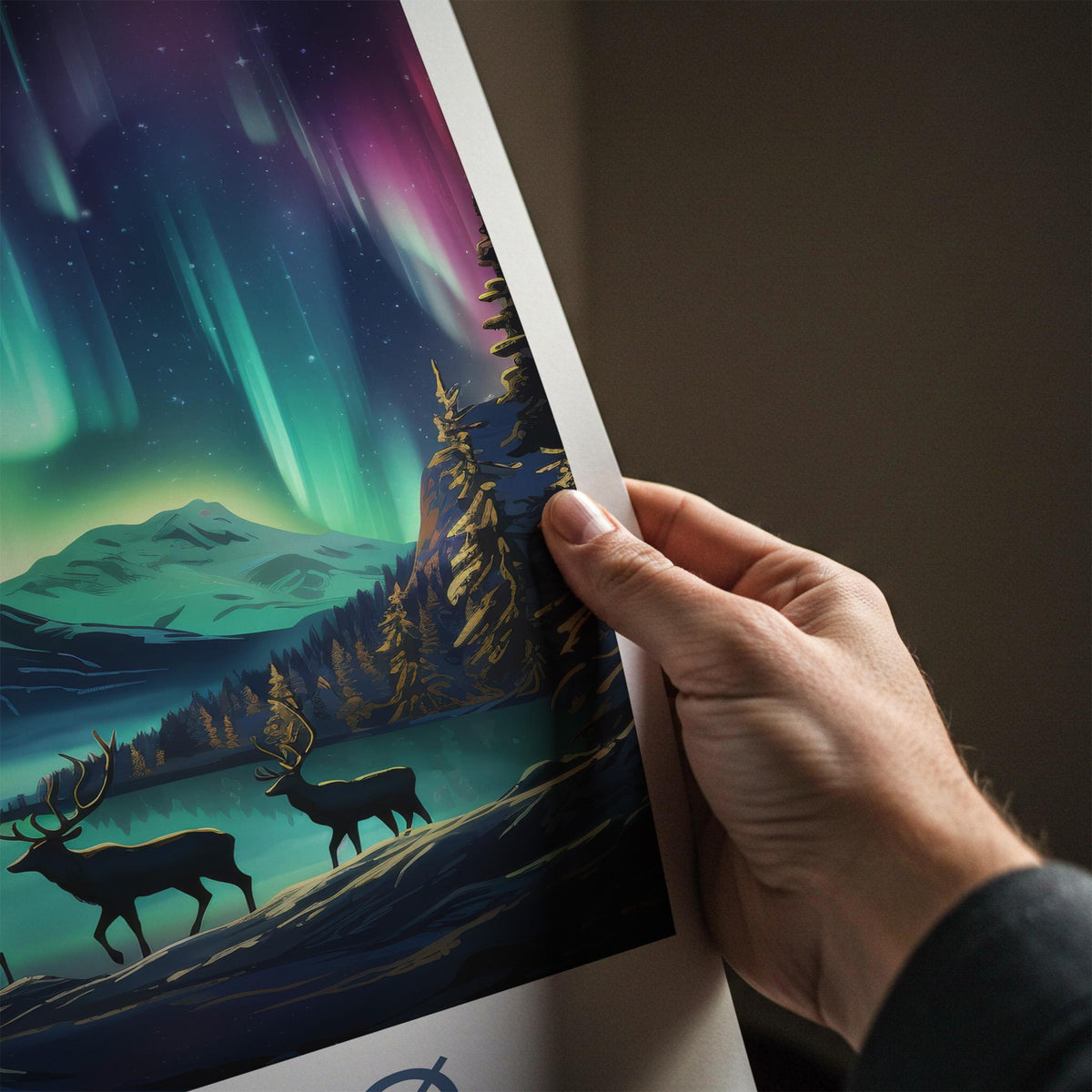 Tromsø Poster - Northern Lights Print with Reindeer & Mountain