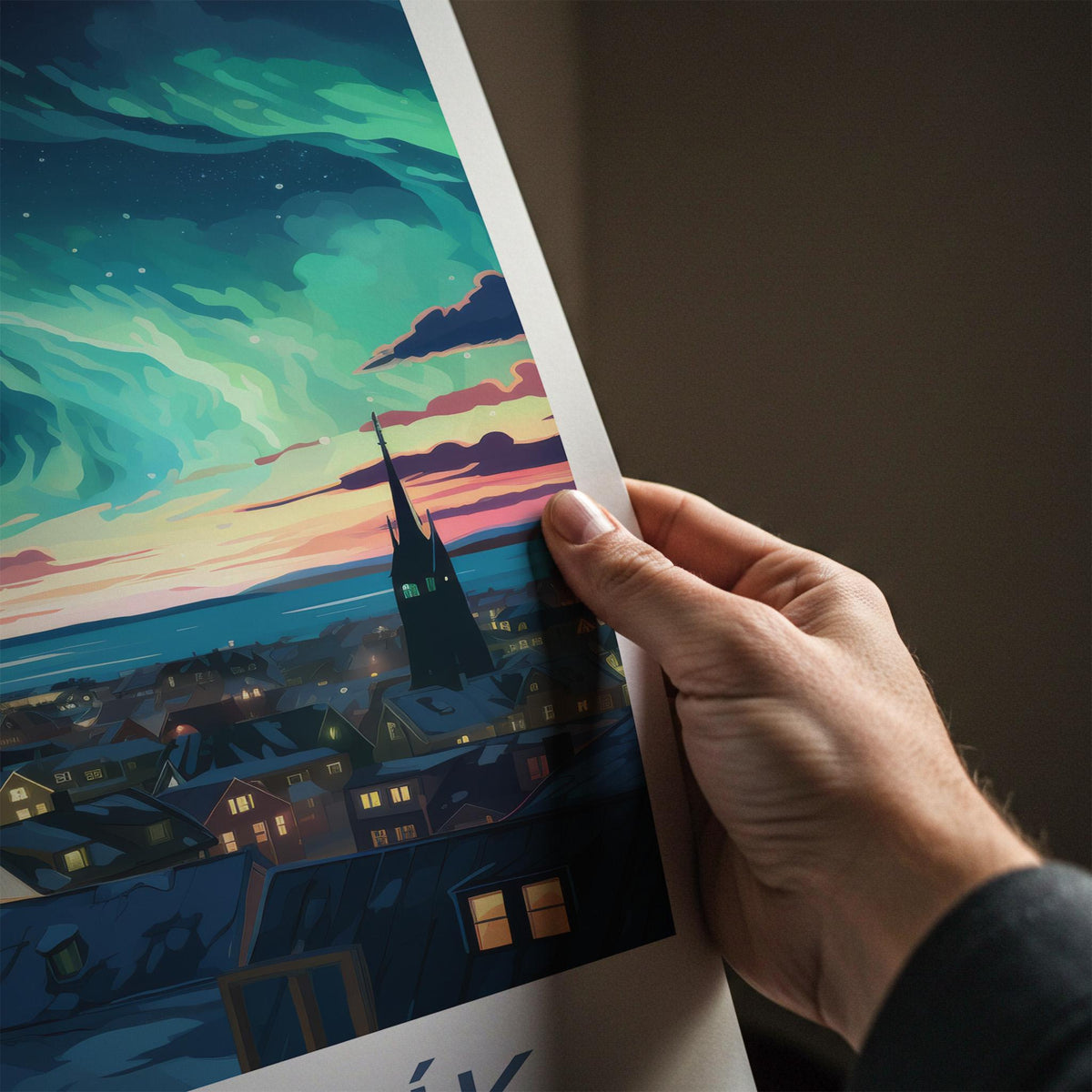 Reykjavik Poster - Iceland Wall Art With Aurora Borealis & Charming