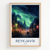 Reykjavik Poster - Iceland Wall Art With Northern Lights Print