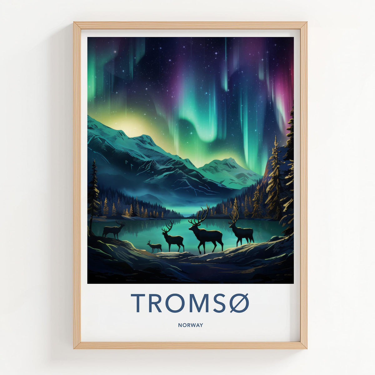 Tromsø Poster - Northern Lights Print with Reindeer & Mountain