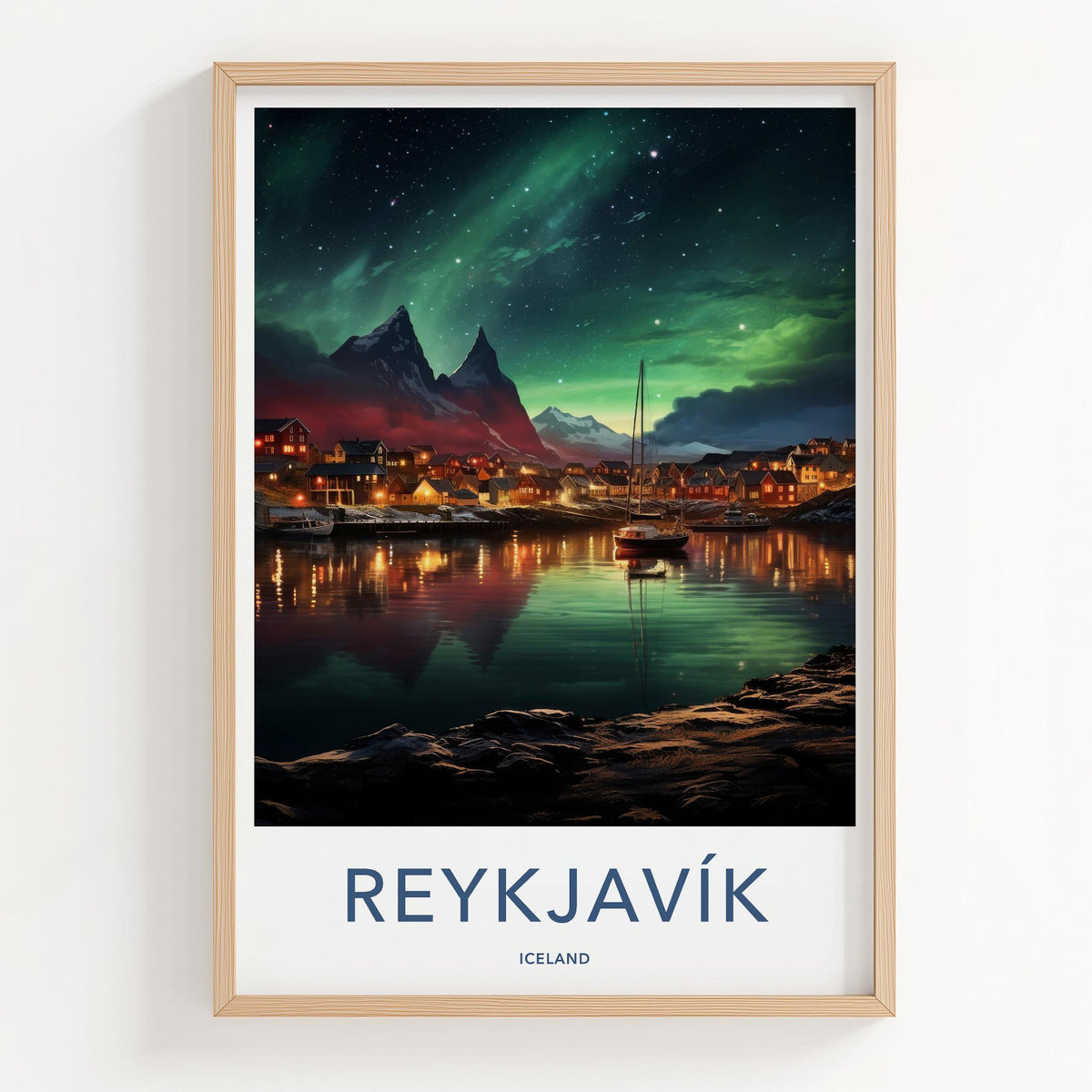 Reykjavik Poster - Iceland Wall Art Featuring Aurora Borealis Night