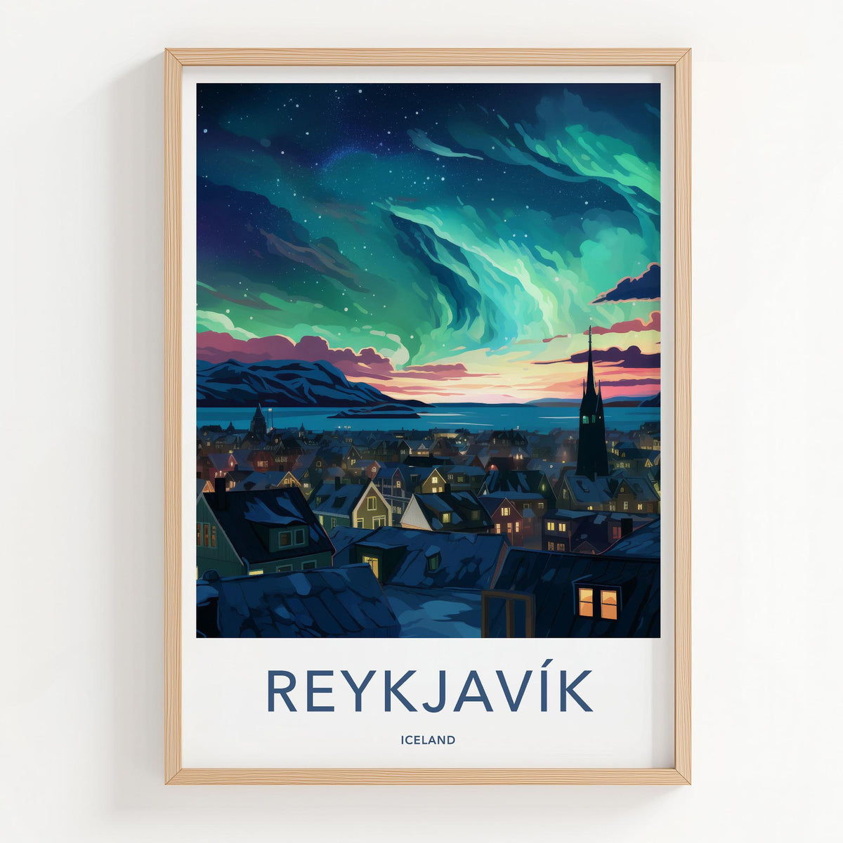 Reykjavik Poster - Iceland Wall Art With Aurora Borealis & Charming