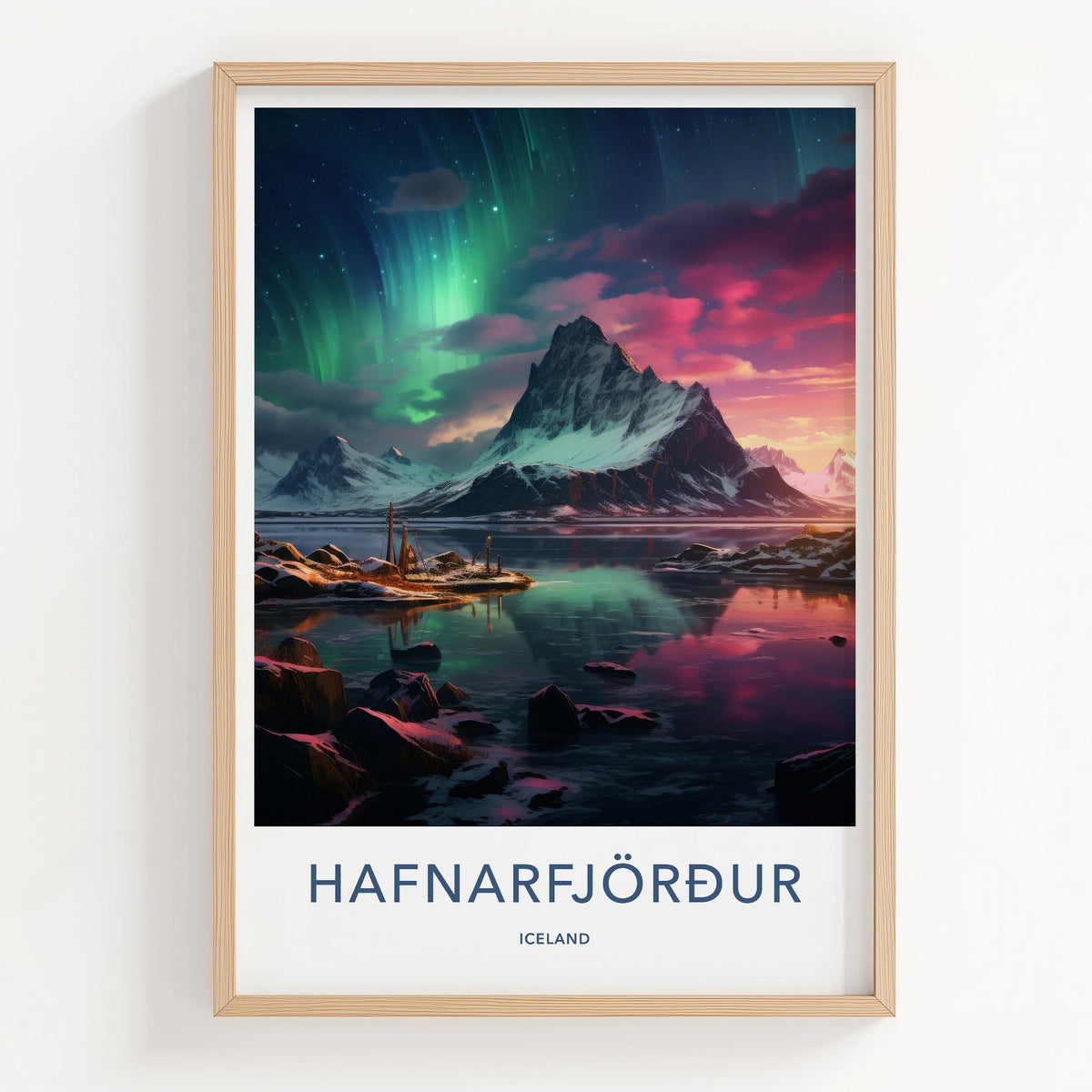 Hafnarfjörður Poster - Iceland Wall Art With Northern Lights & Scenic