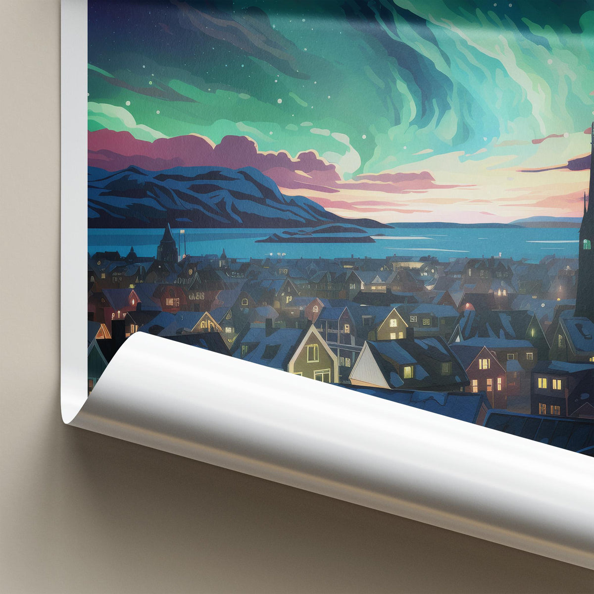 Reykjavik Poster - Iceland Wall Art With Aurora Borealis & Charming