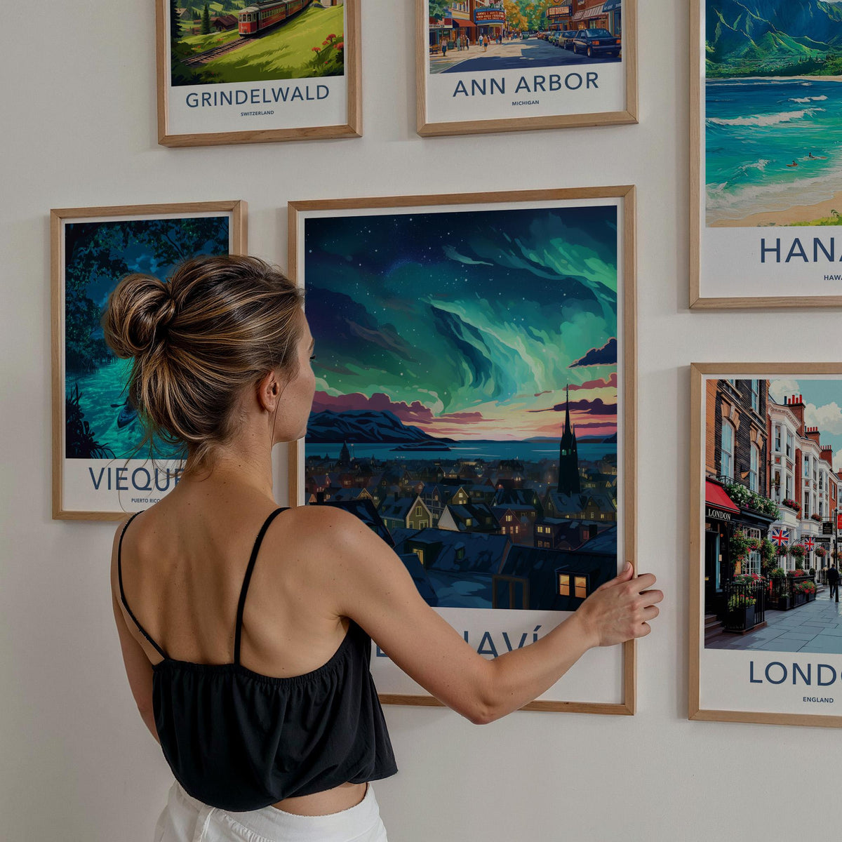 Reykjavik Poster - Iceland Wall Art With Aurora Borealis & Charming