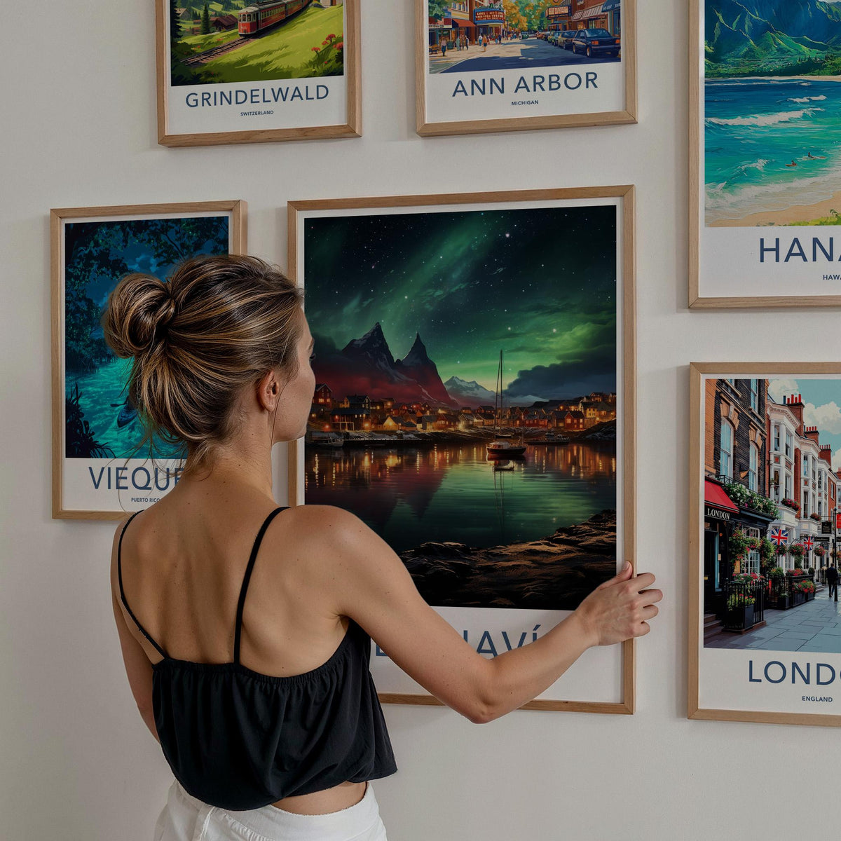 Reykjavik Poster - Iceland Wall Art Featuring Aurora Borealis Night