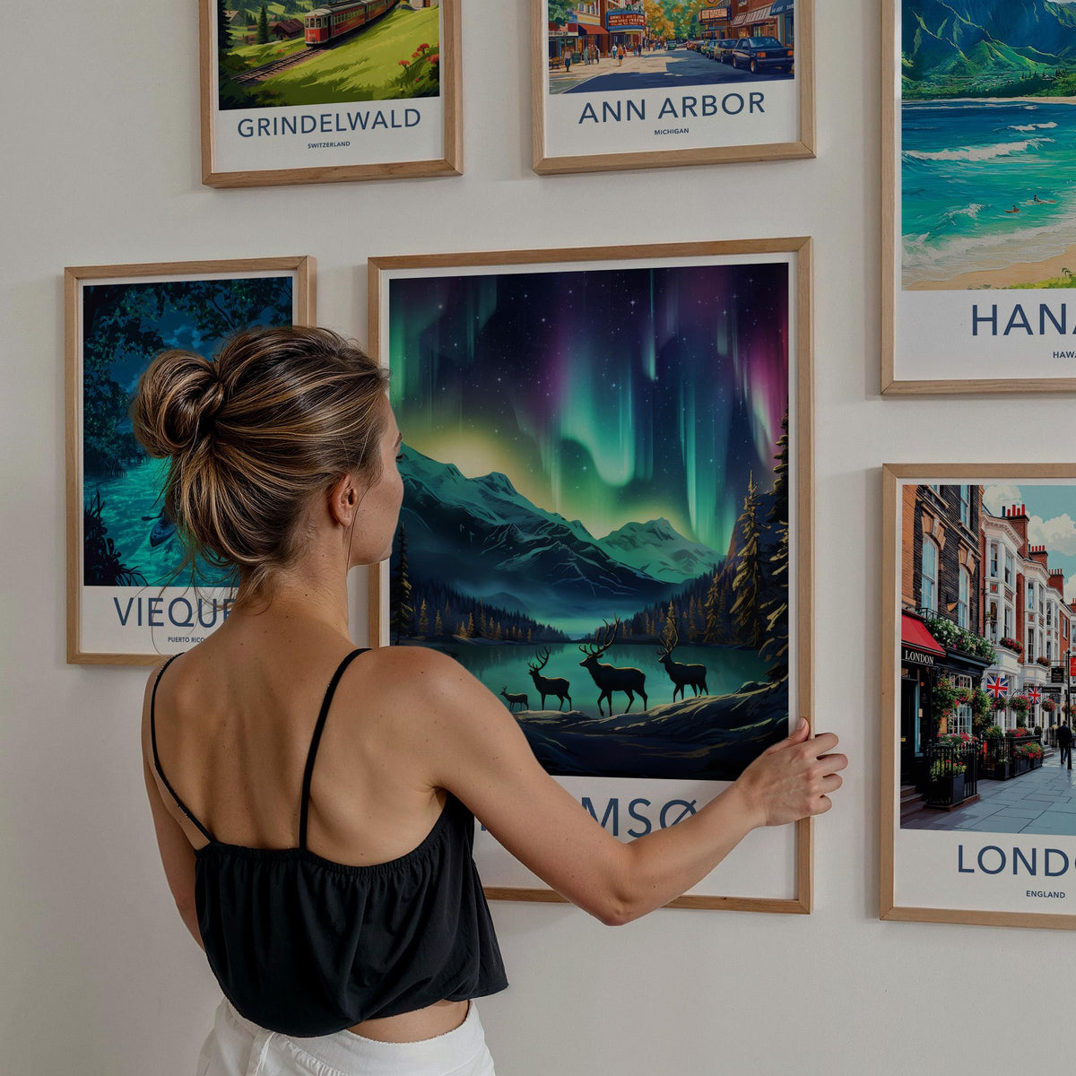 Tromsø Poster - Northern Lights Print with Reindeer & Mountain