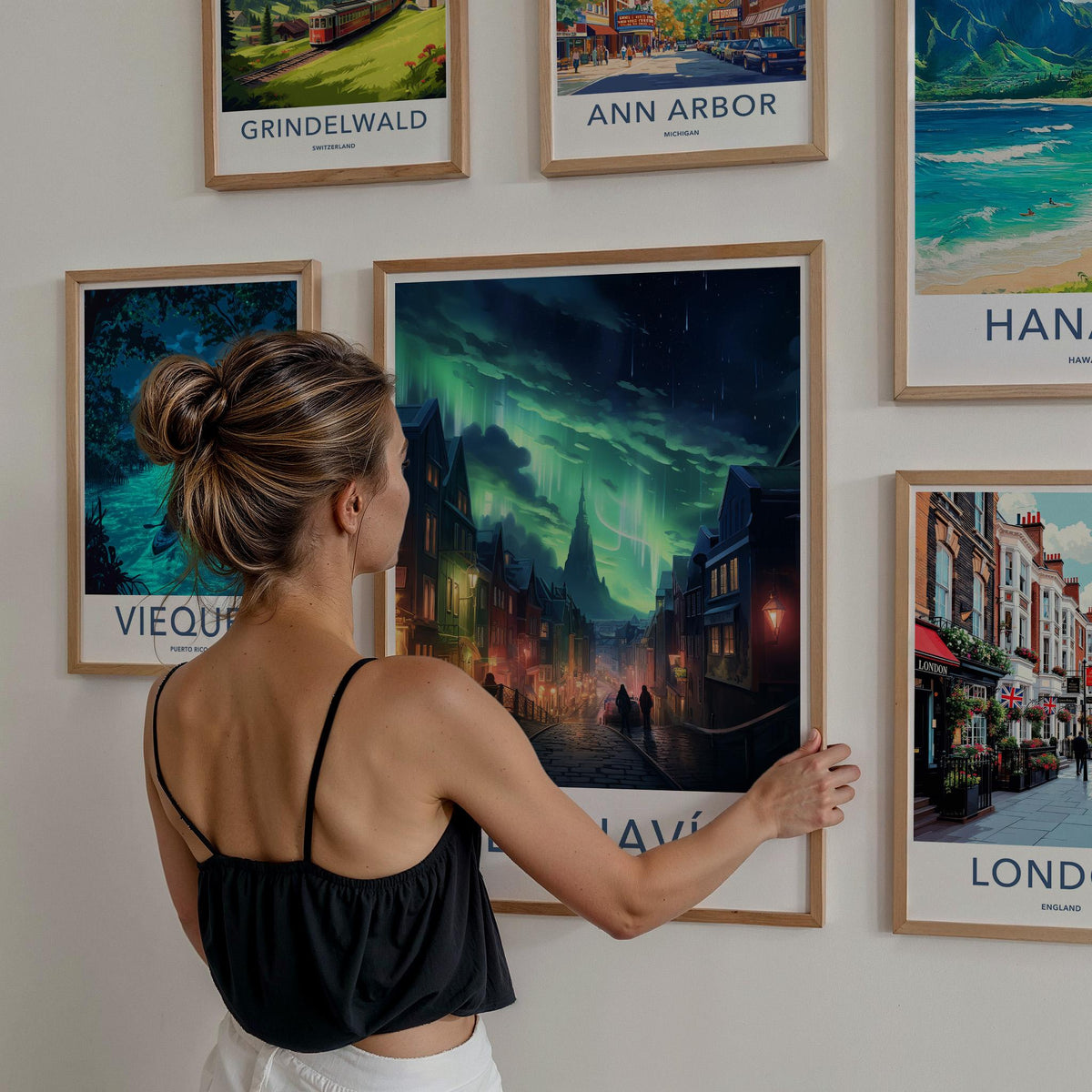 Reykjavik Poster - Iceland Wall Art With Northern Lights Print