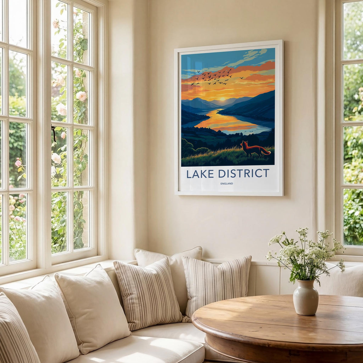 Lake District Poster - England Wall Art With Fox Silhouette & Scenic