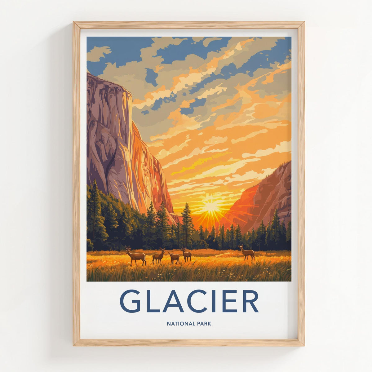Glacier National Park Poster - Mountain Wall Art with Scenic Sunset