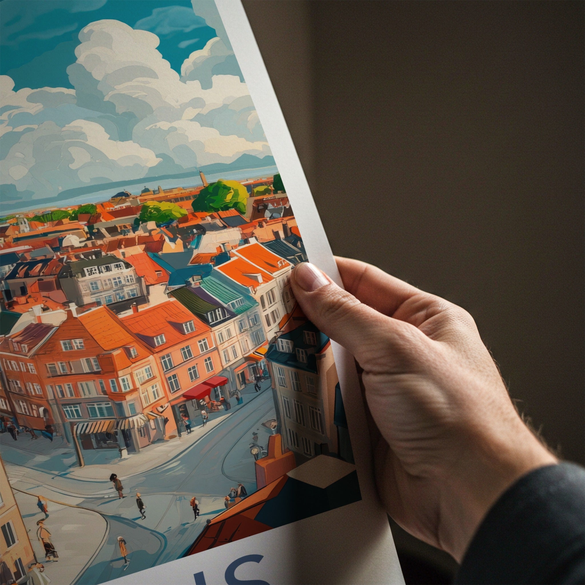 Aarhus Poster - Denmark Travel Art - Rooftop Cityscape Clouds Home Decor