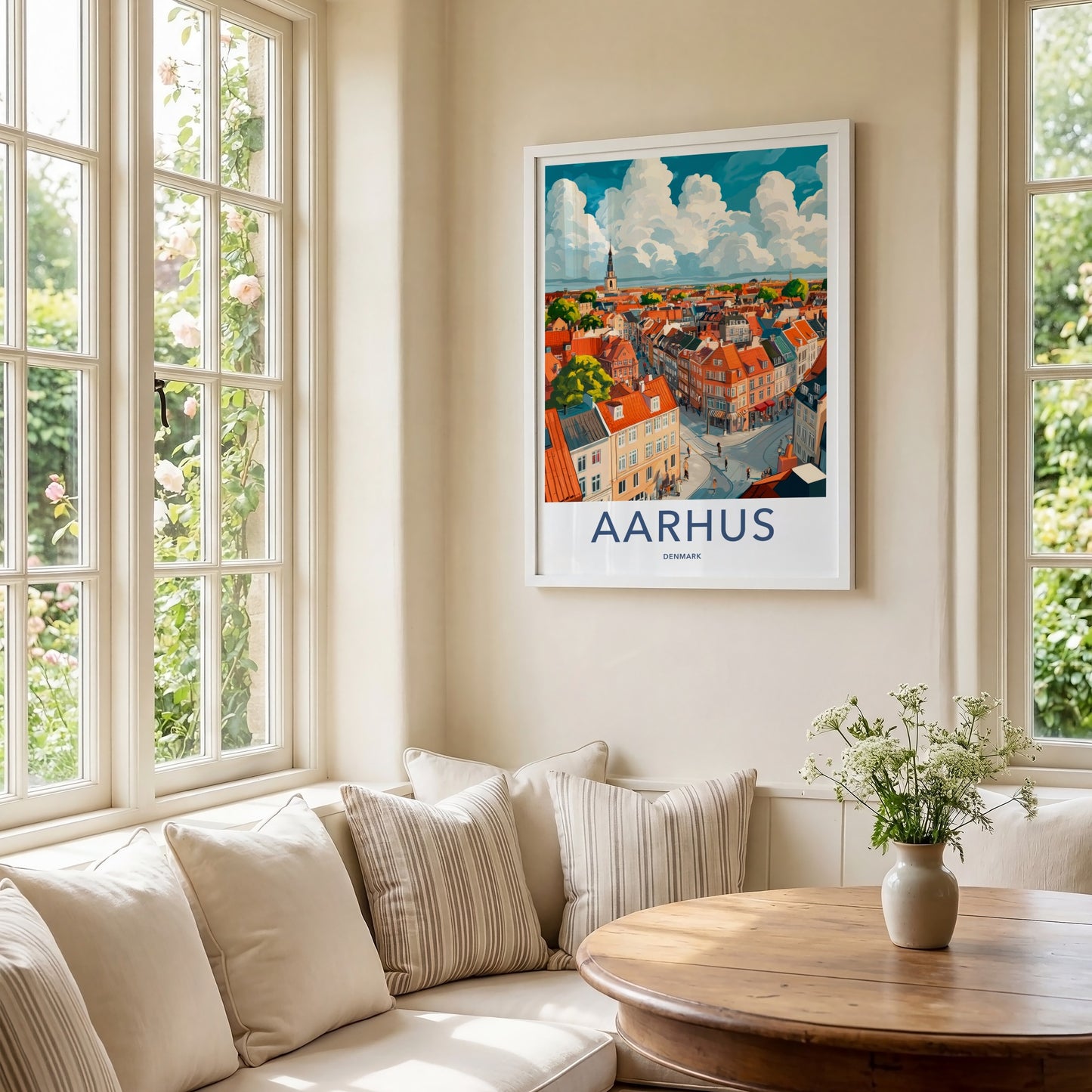 Aarhus Poster - Denmark Travel Art - Rooftop Cityscape Clouds Home Decor