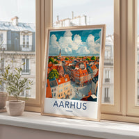 Aarhus Poster - Denmark Travel Art - Rooftop Cityscape Clouds Home Decor