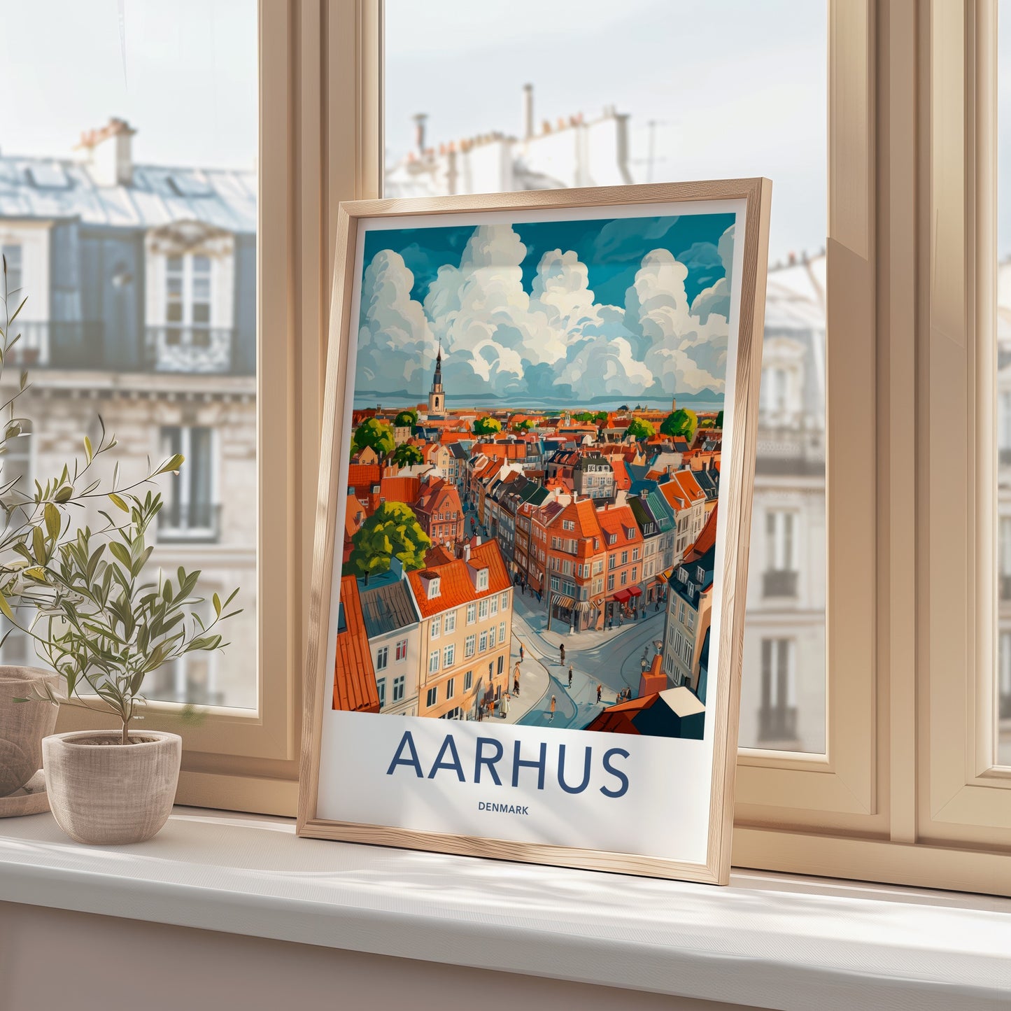 Aarhus Poster - Denmark Travel Art - Rooftop Cityscape Clouds Home Decor