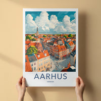 Aarhus Poster - Denmark Travel Art - Rooftop Cityscape Clouds Home Decor
