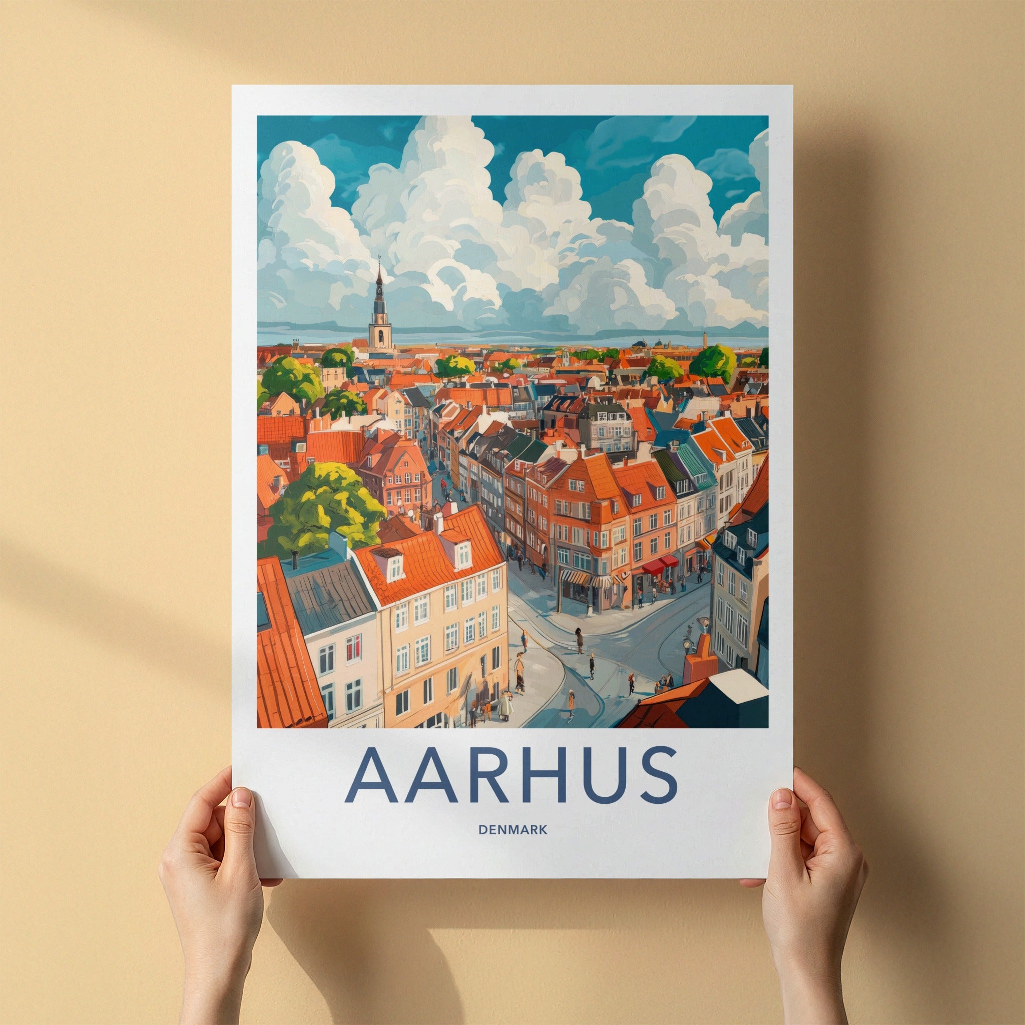 Aarhus Poster - Denmark Travel Art - Rooftop Cityscape Clouds Home Decor