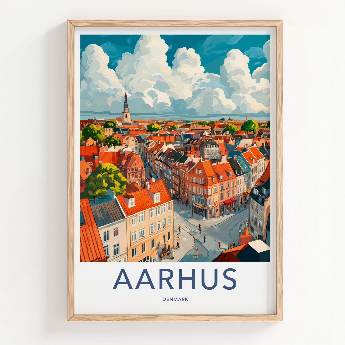 Aarhus Poster - Denmark Travel Art - Rooftop Cityscape Clouds Home Decor