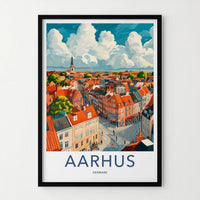 Aarhus Poster - Denmark Travel Art - Rooftop Cityscape Clouds Home Decor