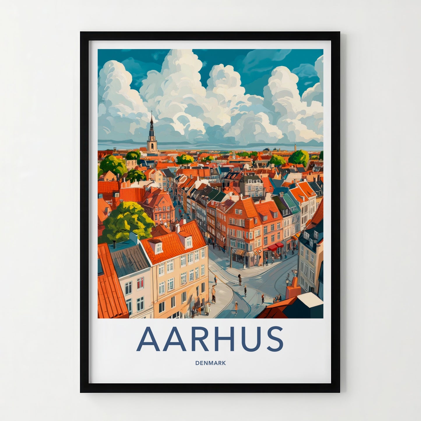 Aarhus Poster - Denmark Travel Art - Rooftop Cityscape Clouds Home Decor