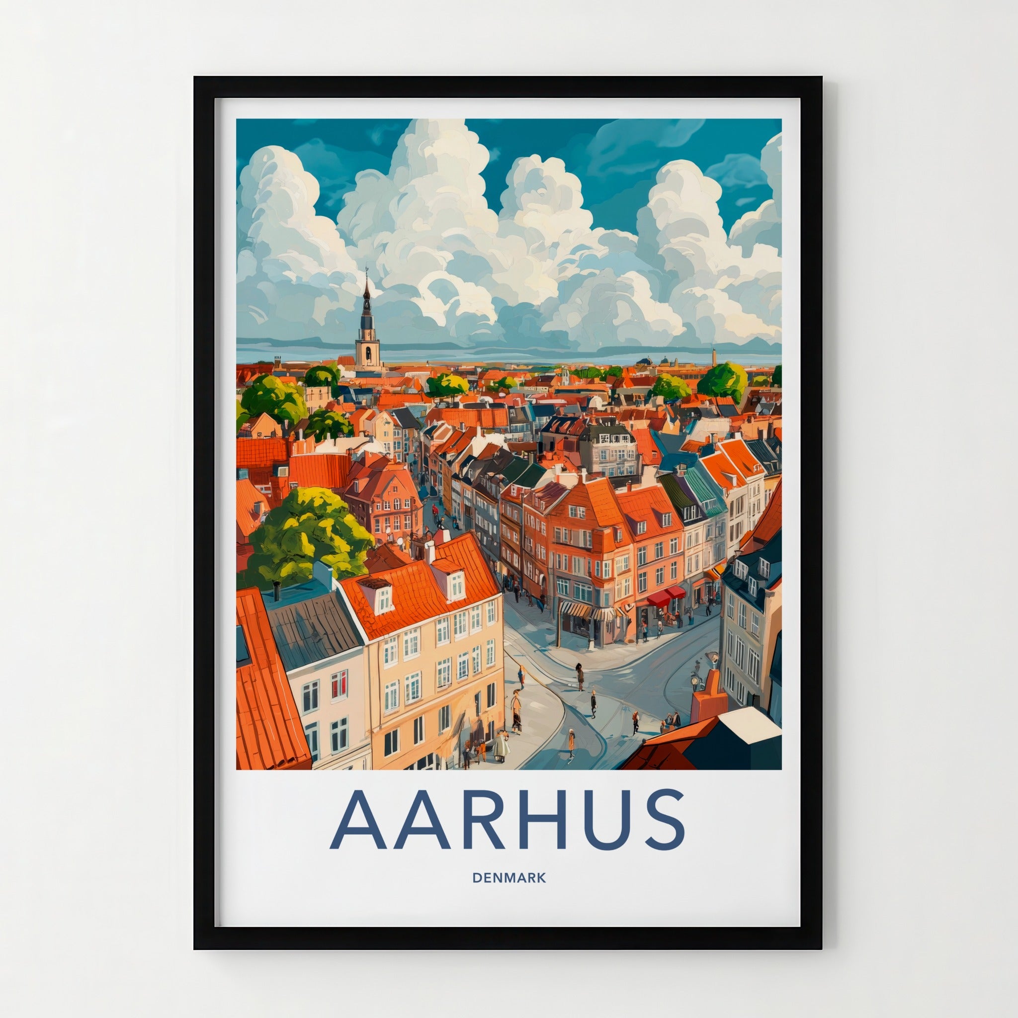 Aarhus Poster - Denmark Travel Art - Rooftop Cityscape Clouds Home Decor