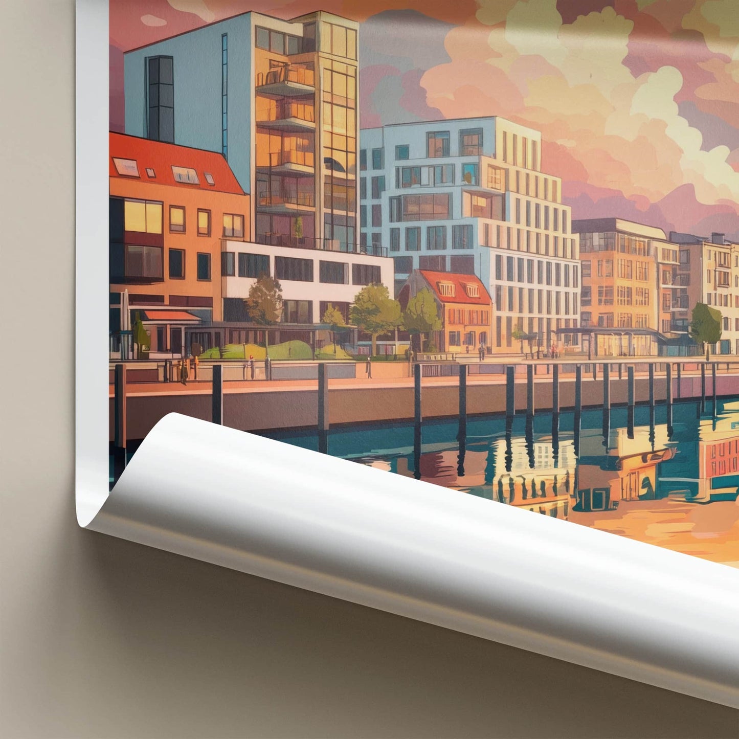 Aarhus Poster - Denmark Travel Print - Vibrant canal sunset Home Decor