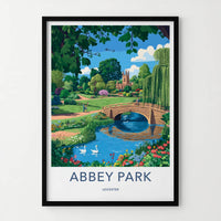 Abbey Park Poster - England Travel Art - River Bridge Swans Home Decor