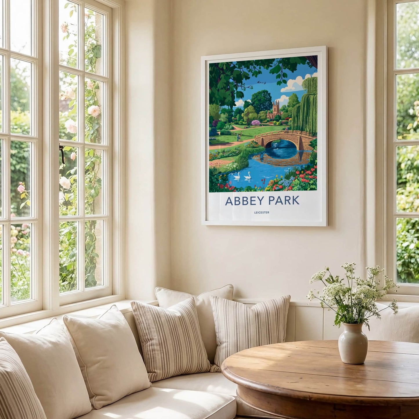 Abbey Park Poster - England Travel Art - River Bridge Swans Home Decor