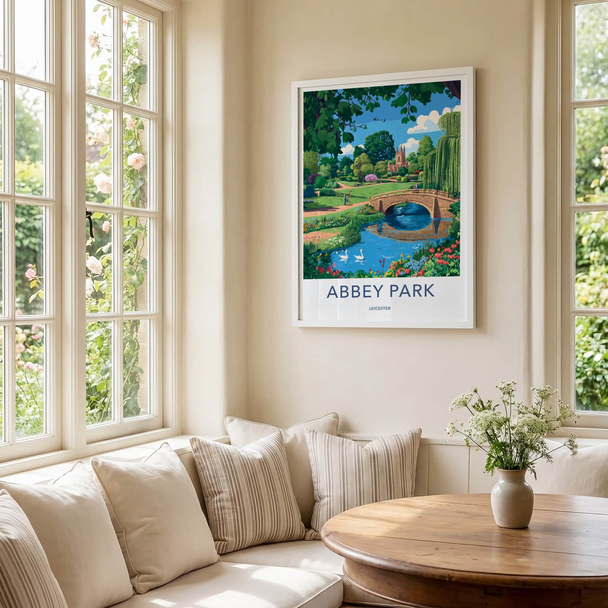 Abbey Park Poster - England Travel Art - River Bridge Swans Home Decor