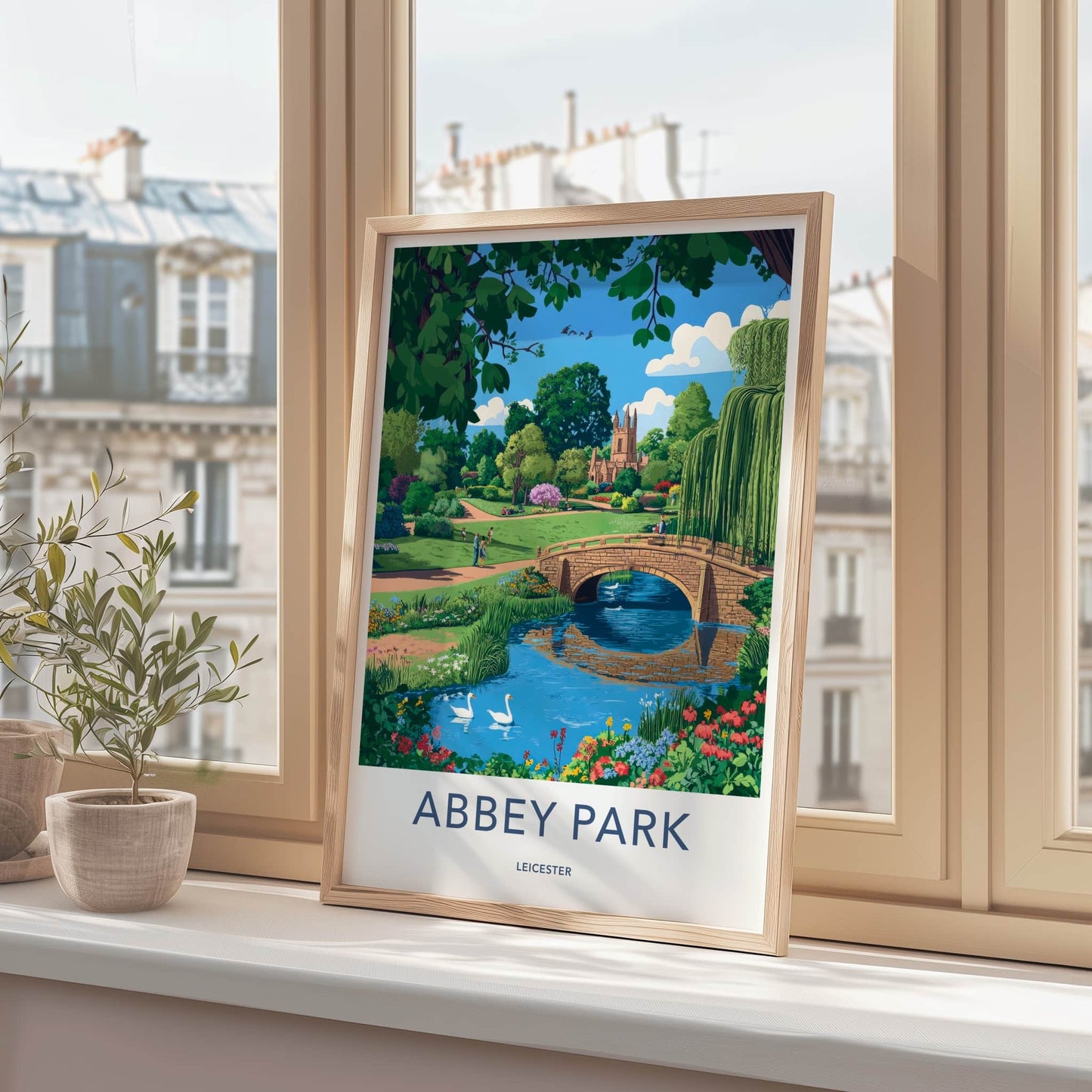 Abbey Park Poster - England Travel Art - River Bridge Swans Home Decor