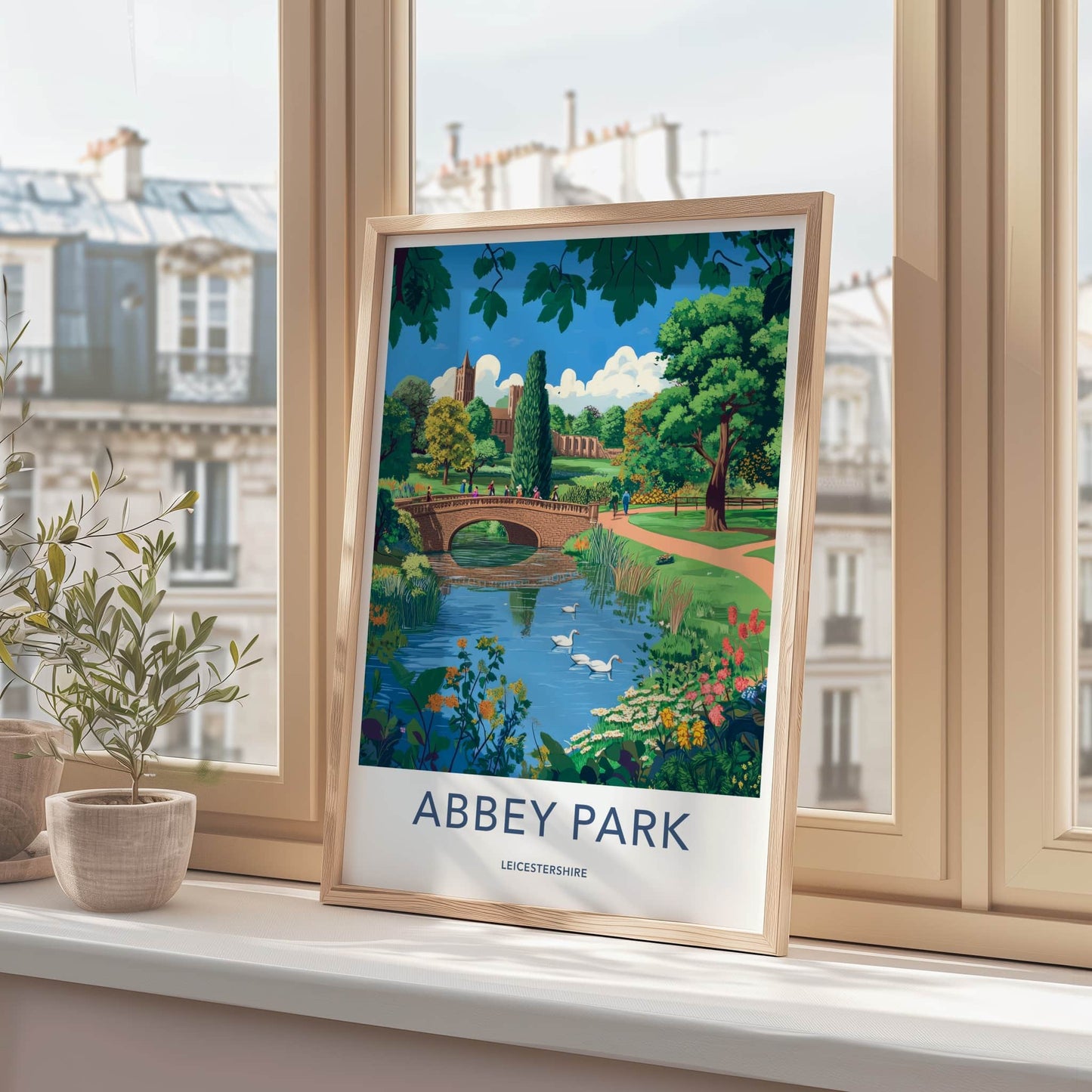 Abbey Park Poster - United Kingdom Art Print - Scenic Bridge Swans Wall Decor