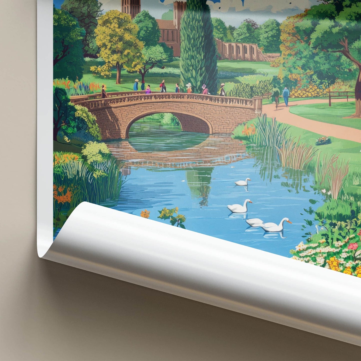 Abbey Park Poster - United Kingdom Art Print - Scenic Bridge Swans Wall Decor
