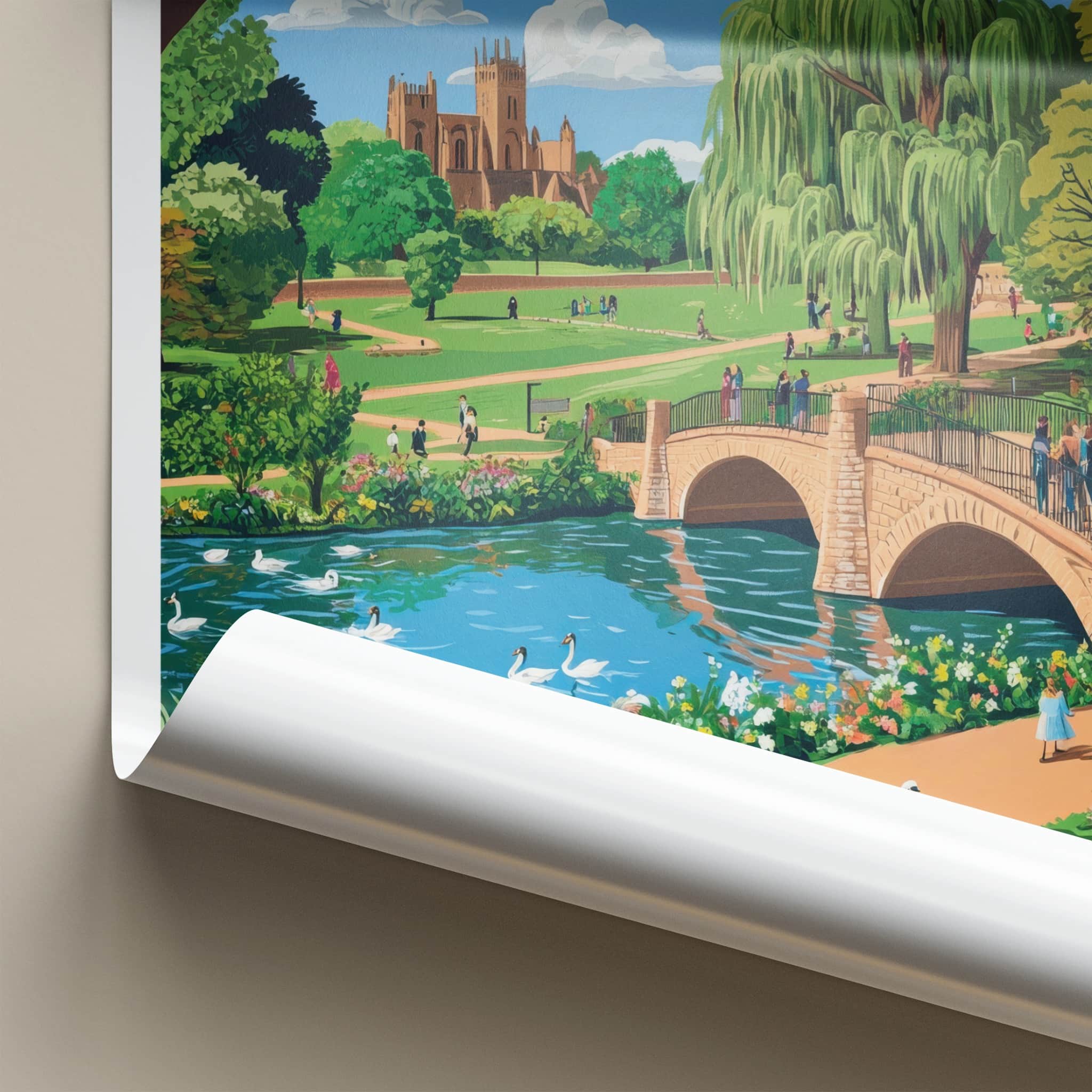 Abbey Park Poster - United Kingdom Travel Art - River Swans Cathedral Home Decor
