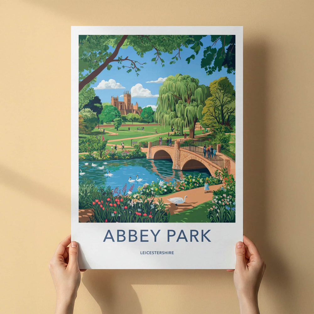 Abbey Park Poster - United Kingdom Travel Art - River Swans Cathedral Home Decor