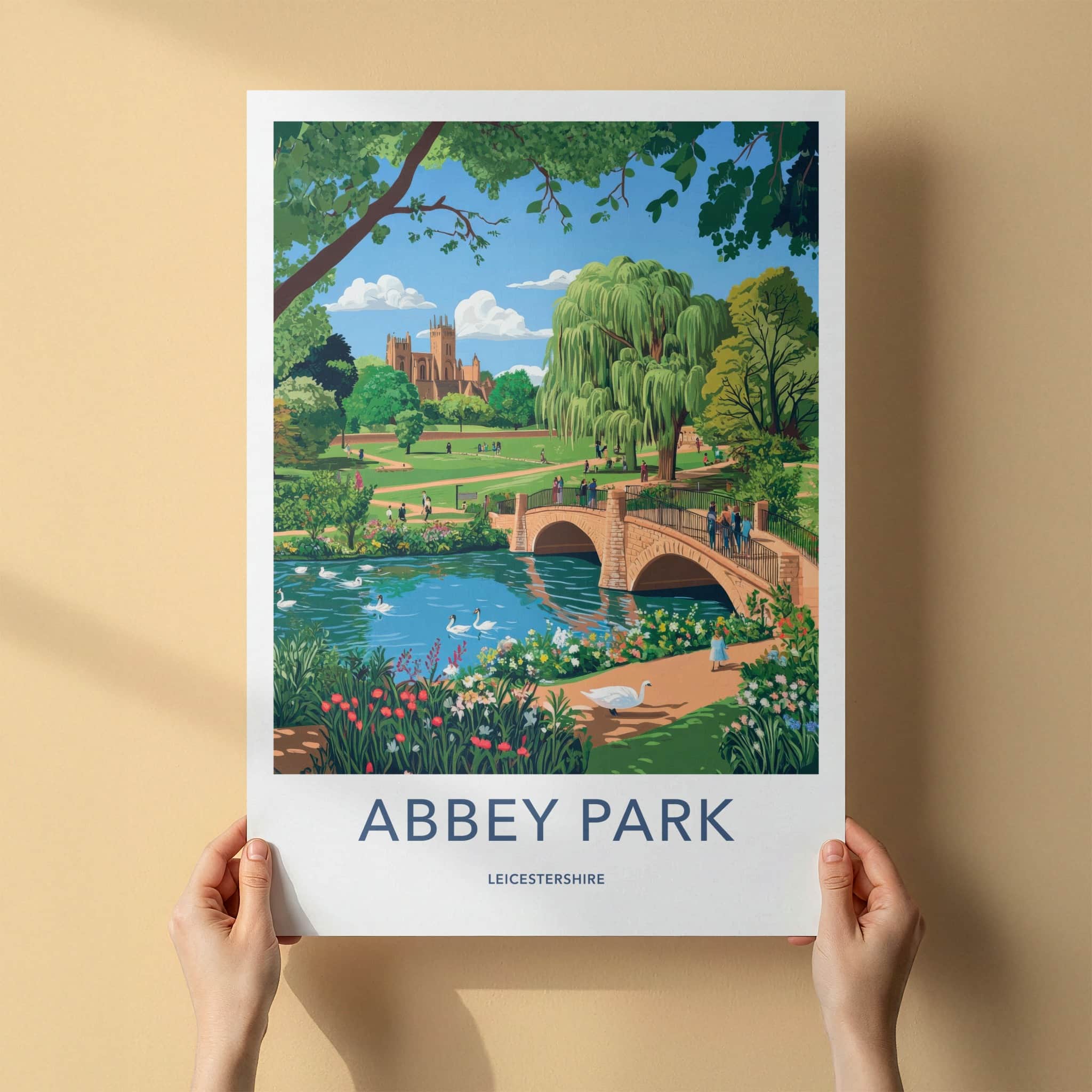 Abbey Park Poster - United Kingdom Travel Art - River Swans Cathedral Home Decor