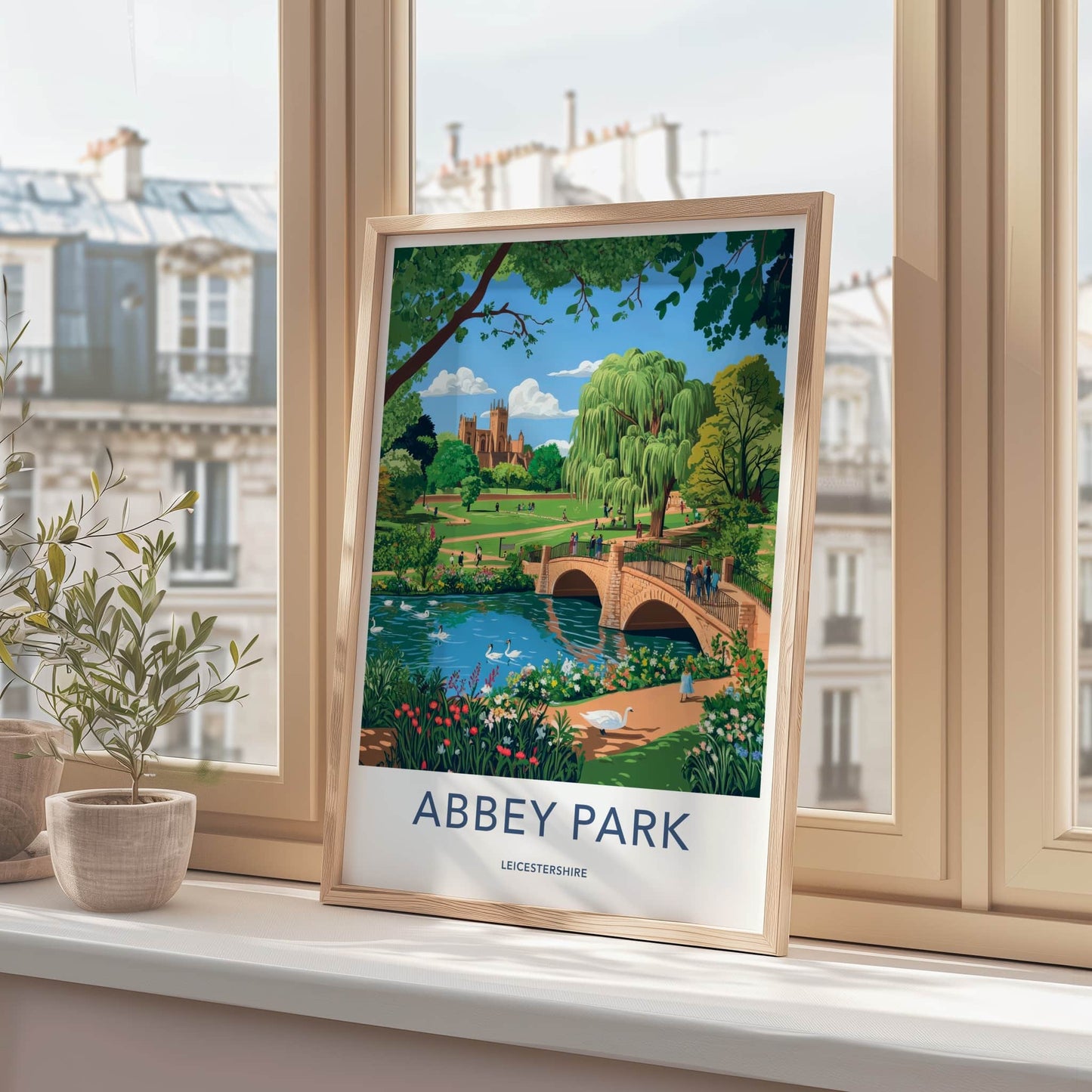 Abbey Park Poster - United Kingdom Travel Art - River Swans Cathedral Home Decor