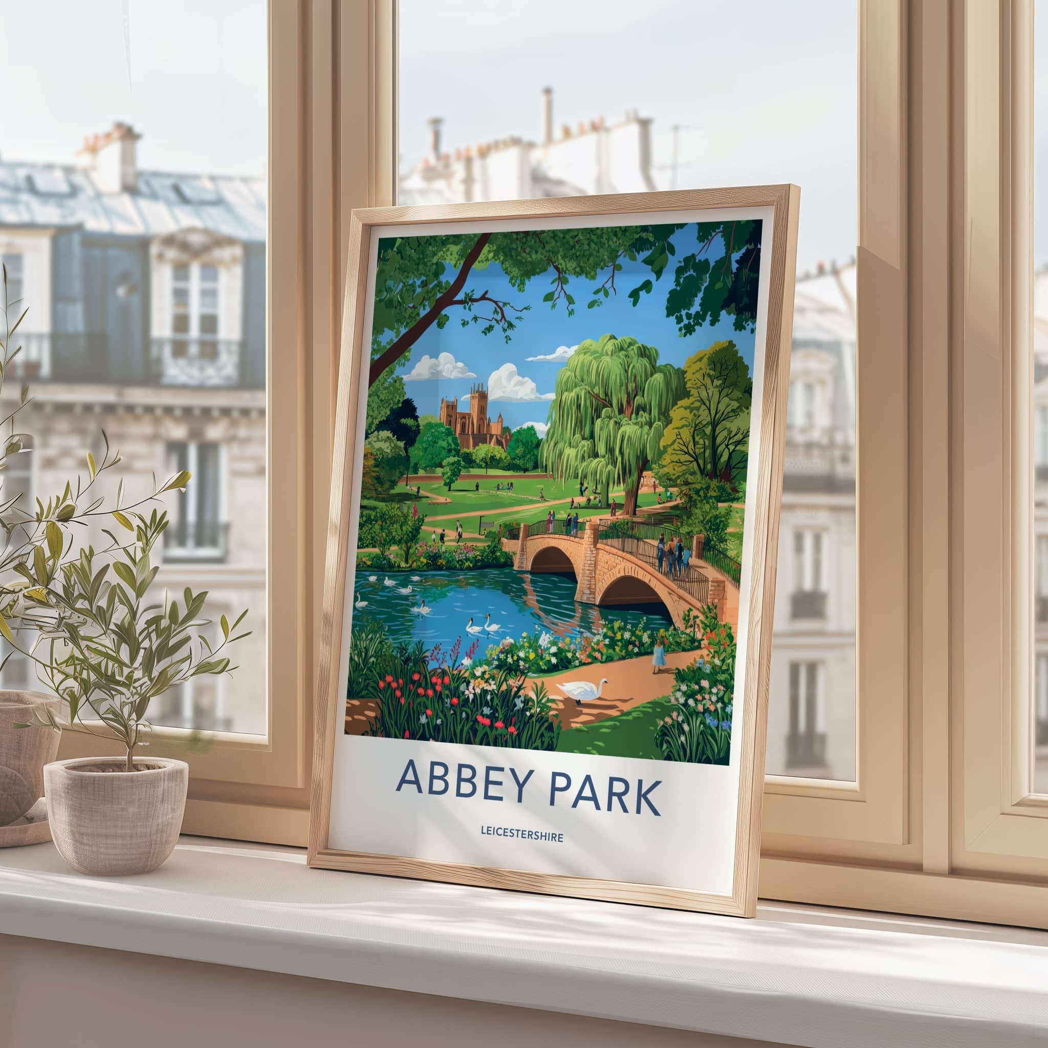 Abbey Park Poster - United Kingdom Travel Art - River Swans Cathedral Home Decor