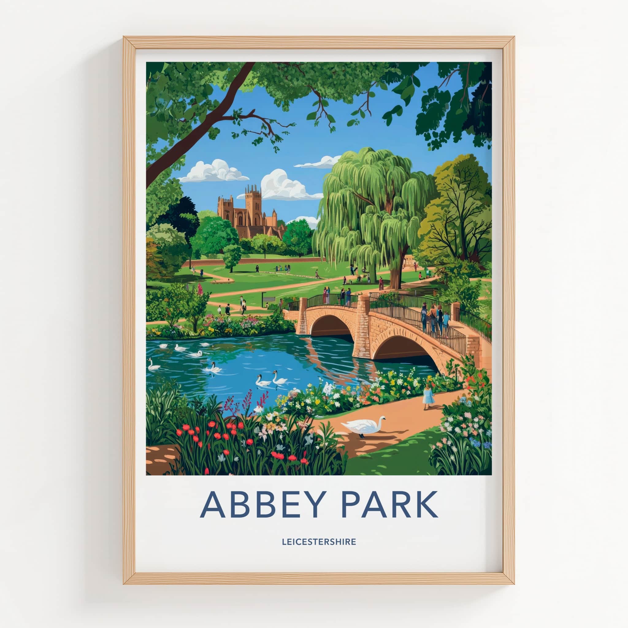 Abbey Park Poster - United Kingdom Travel Art - River Swans Cathedral Home Decor