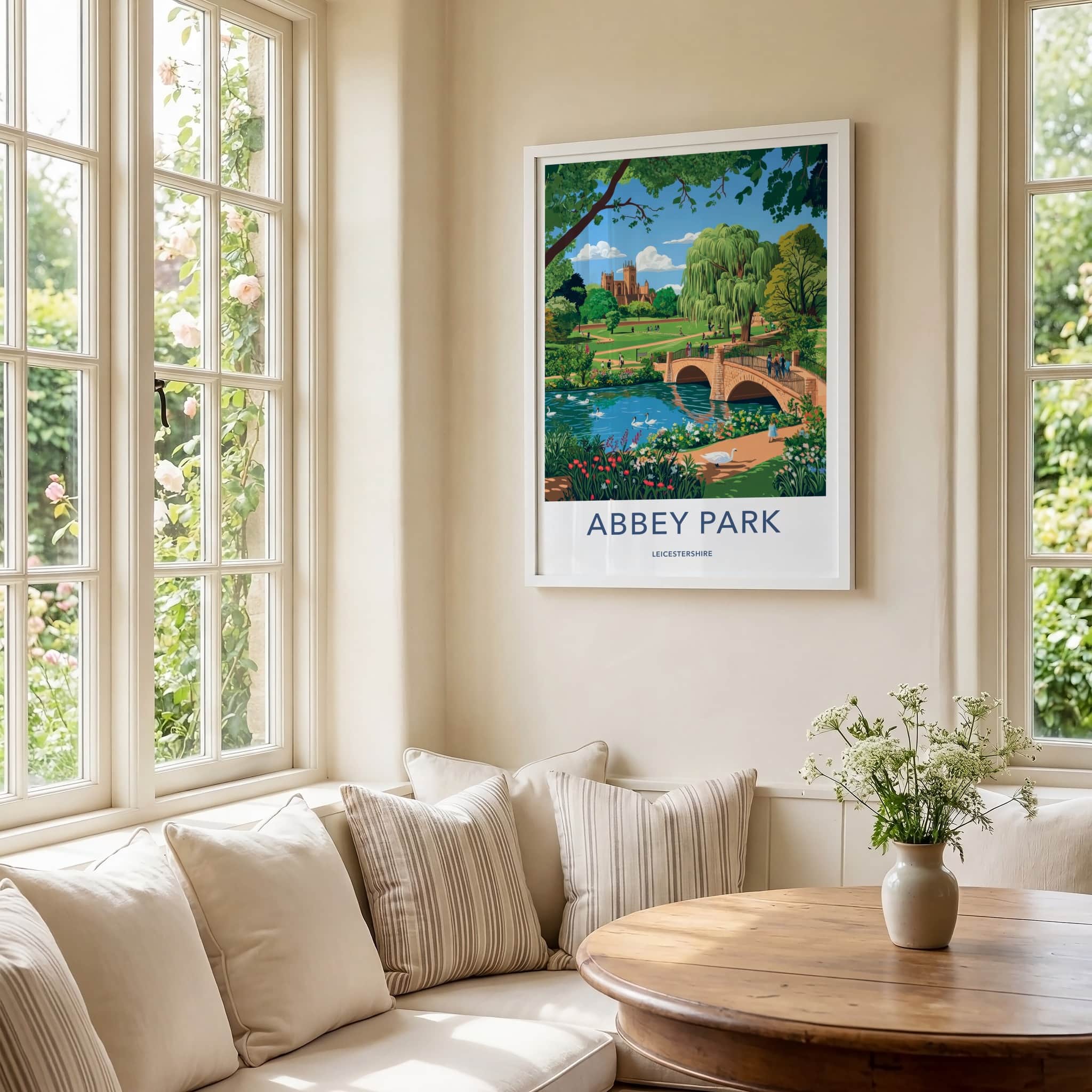 Abbey Park Poster - United Kingdom Travel Art - River Swans Cathedral Home Decor
