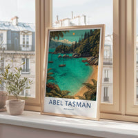 Abel Tasman Poster - New Zealand Travel Art - Azure boats Home Decor