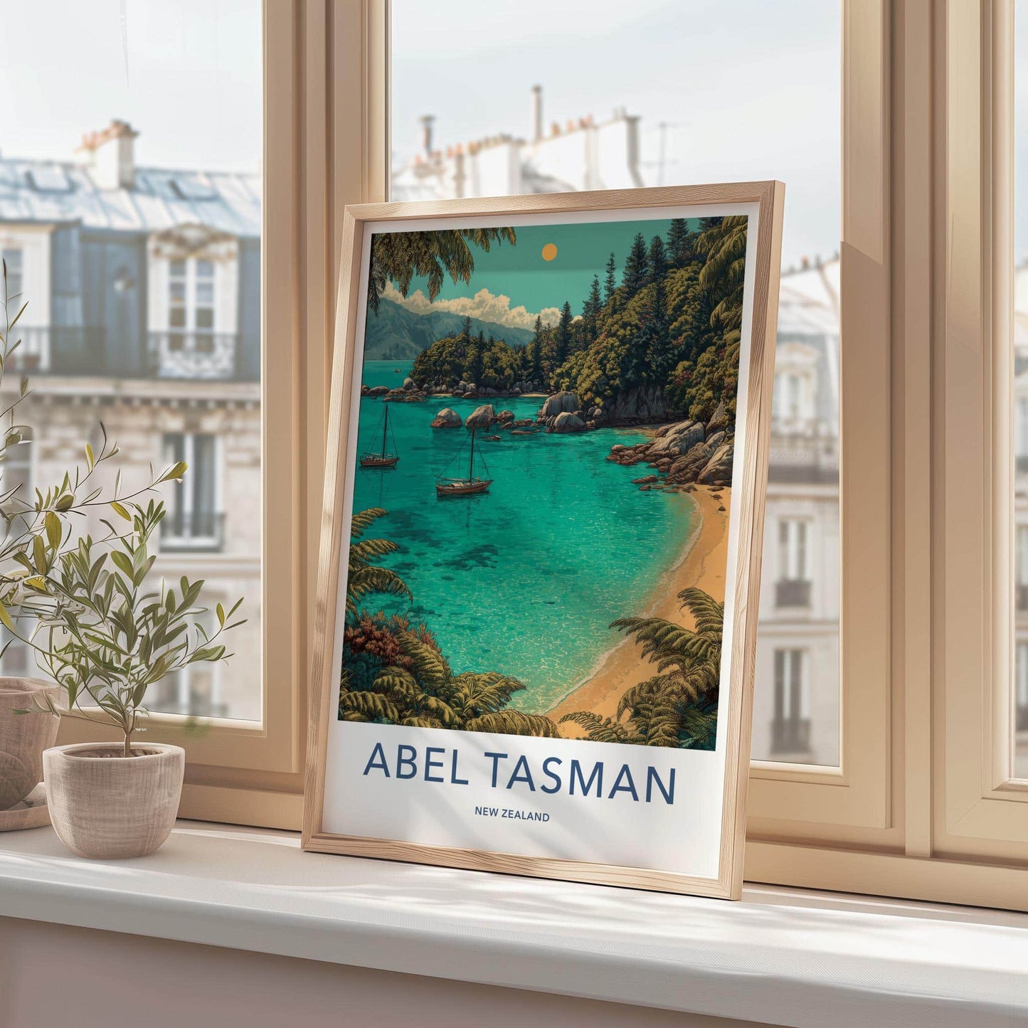 Abel Tasman Poster - New Zealand Travel Art - Azure boats Home Decor