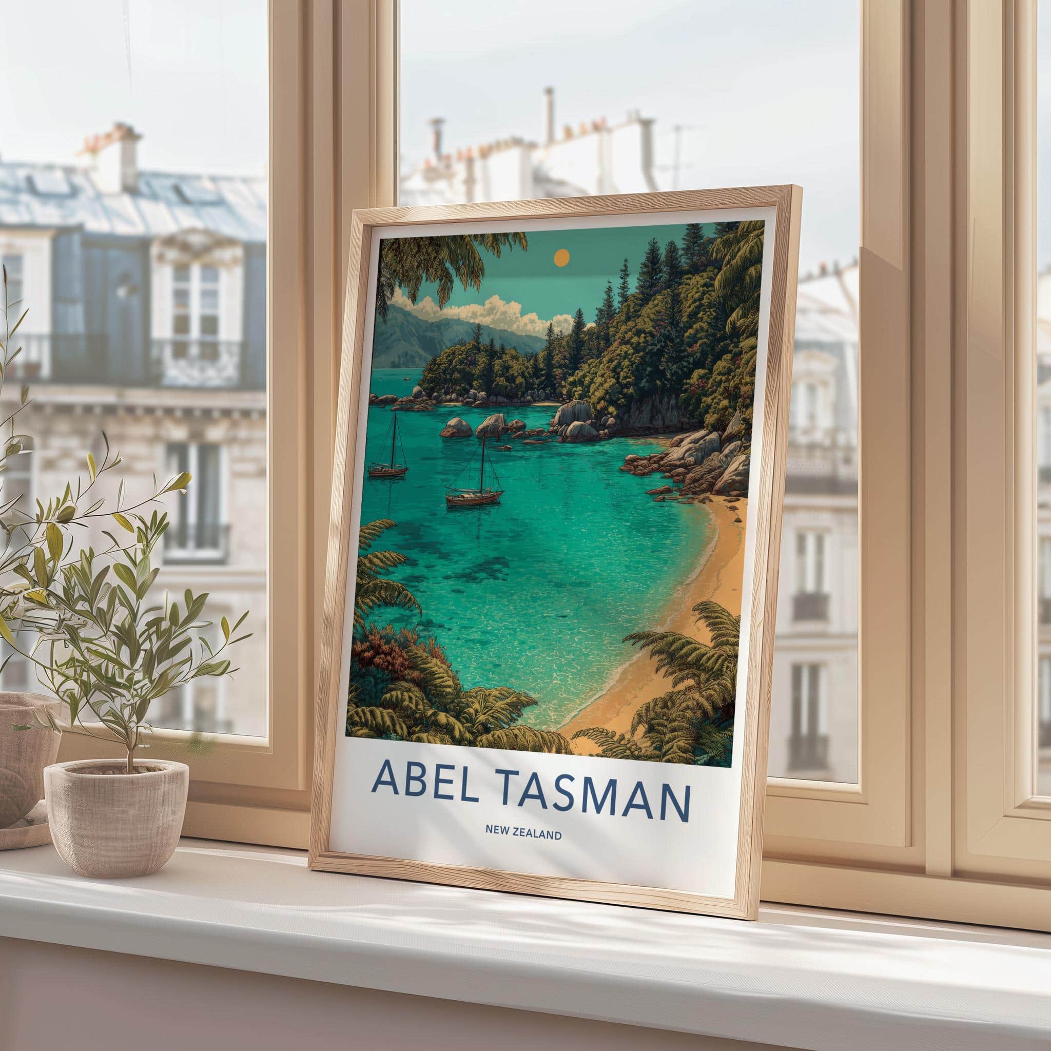 Abel Tasman Poster - New Zealand Travel Art - Azure boats Home Decor